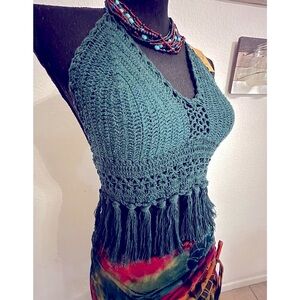 Festival Crochet Crop Halter Top with Fringe Hem